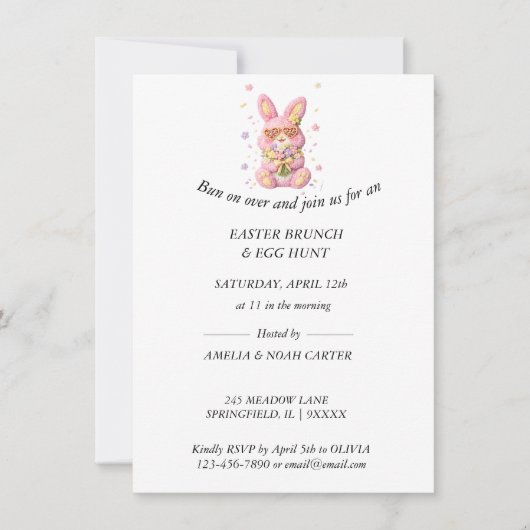 Bunny Embroidered Easter BRUNCH & HUNT 招待状 (正面)