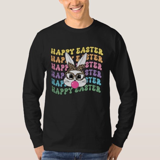 Bunny Face Leopard Glasses Bubble Gum Happy Easter Tシャツ (正面)