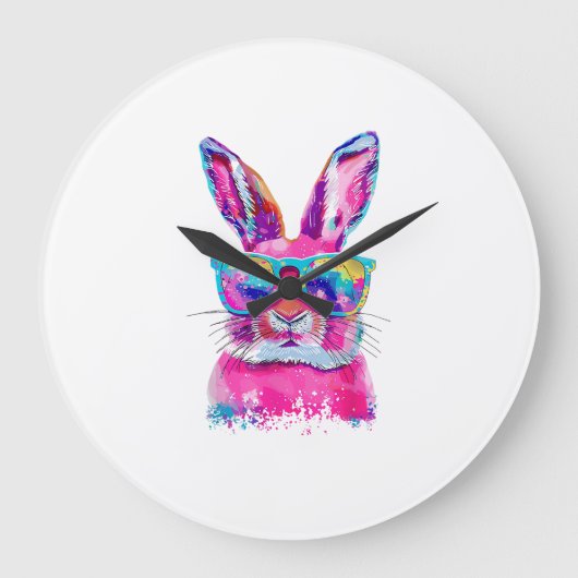 Bunny Face with Tie Dye Glasses Happy Easter Day M ラージ壁時計 (正面)