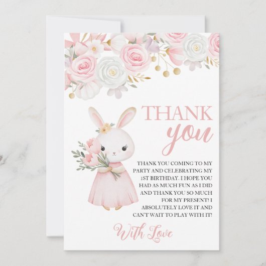 Bunny Floral 1st Birthday Thank You 招待状 (正面)