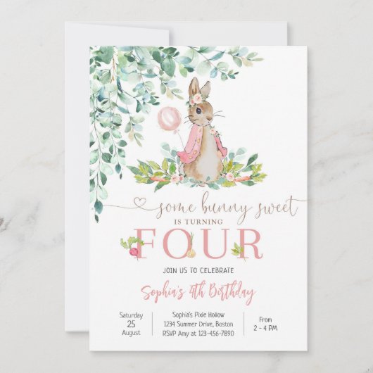 Bunny Floral 4th Birthday Invitation 招待状 (正面)