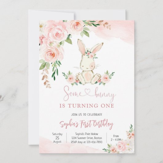 Bunny Floral First Birthday Invitation 招待状 (正面)