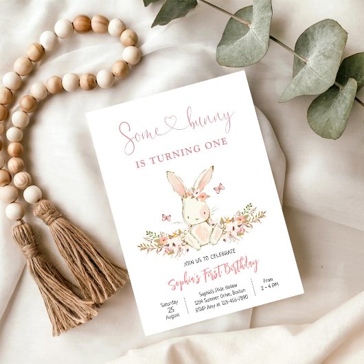 Bunny Floral First Birthday Invitation 招待状
