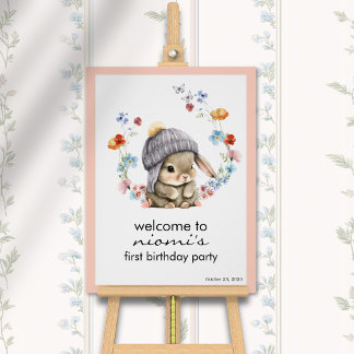 Bunny Floral First Birthday Welcome Sign ポスター