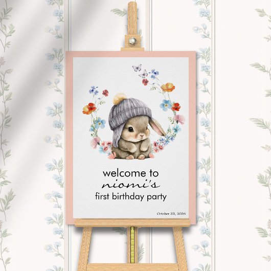 Bunny Floral First Birthday Welcome Sign ポスター