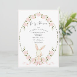 Bunny Floral Hydrangeas Pink Girl Baby Shower 招待状