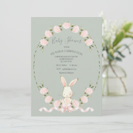 Bunny Floral Hydrangeas Sage Girl Baby Shower 招待状