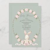 Bunny Floral Hydrangeas Sage Girl Baby Shower 招待状 (正面/裏面)