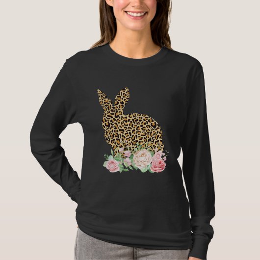 Bunny Flowers Leopard Print Girls Women Happy East Tシャツ (正面)