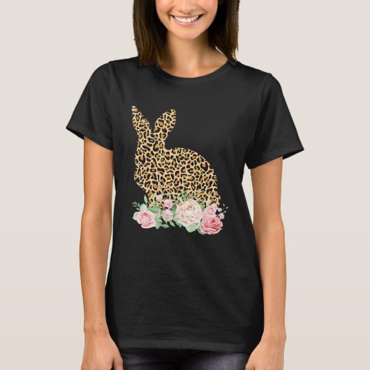 Bunny Flowers Leopard Print Girls Women Happy East Tシャツ (正面)