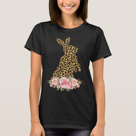 Bunny Flowers Leopard Print Girls Women Happy East Tシャツ (正面)