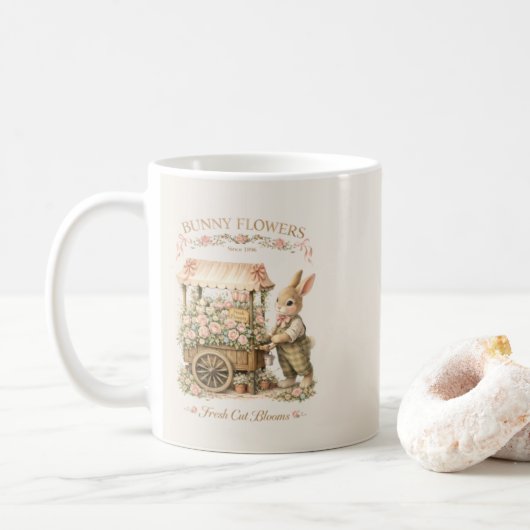 Bunny Flowers Vintage Bunny Art コーヒーマグカップ (ドーナツ)