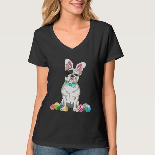 Bunny French Bulldog Easter Happy Easter Dog Tシャツ (正面)