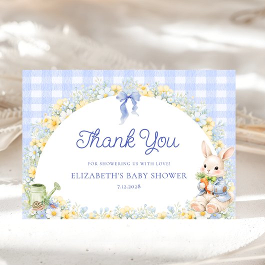 Bunny Gingham Blue Baby Shower Thank You Card カード