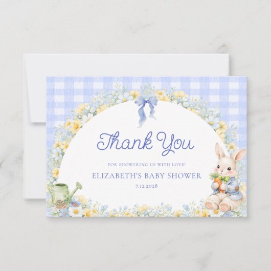 Bunny Gingham Blue Baby Shower Thank You Card カード (正面)
