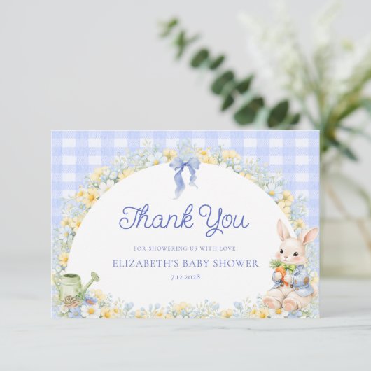 Bunny Gingham Blue Baby Shower Thank You  Card カード (スタンド正面)