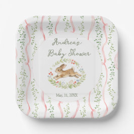 Bunny Girl Floral Pink Bow Baby Shower  ペーパープレート