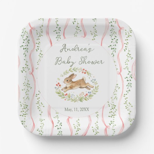Bunny Girl Floral Pink Bow Baby Shower ペーパープレート (正面)