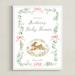 Bunny Girl Floral Pink Bow Baby Shower Welcome ポスター