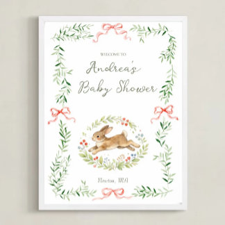 Bunny Girl Floral Pink Bow Baby Shower Welcome ポスター