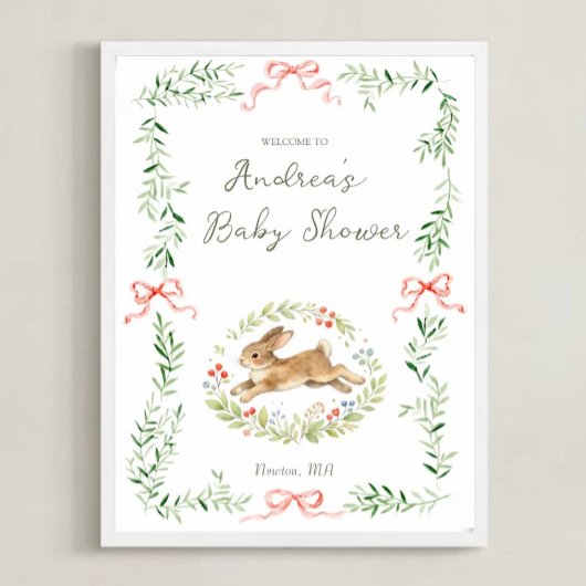 Bunny Girl Floral Pink Bow Baby Shower Welcome ポスター