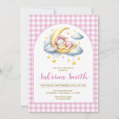 Bunny Girl Moon Star Pink Gingham Baby Shower  招待状 (正面)