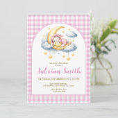 Bunny Girl Moon Star Pink Gingham Baby Shower  招待状 (スタンド正面)