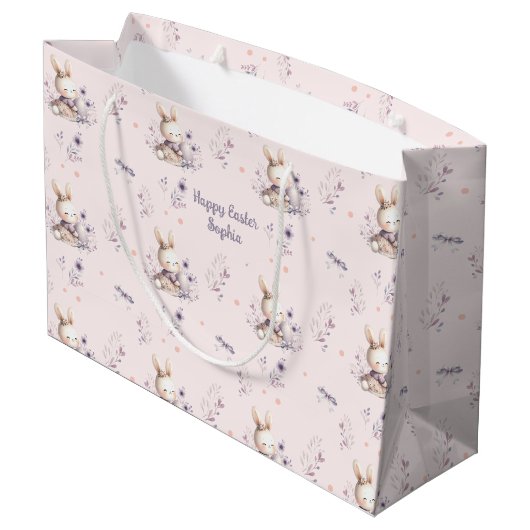 Bunny Girl Personalized Name Pink Purple Easter ラージペーパーバッグ (裏面アングル)