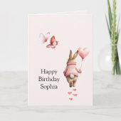 Bunny Heart Balloon Pink Butterflies Birthday カード (正面)