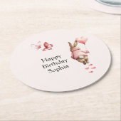 Bunny Heart Balloon Pink Butterflies Birthday ラウンドペーパーコースター (アングル)
