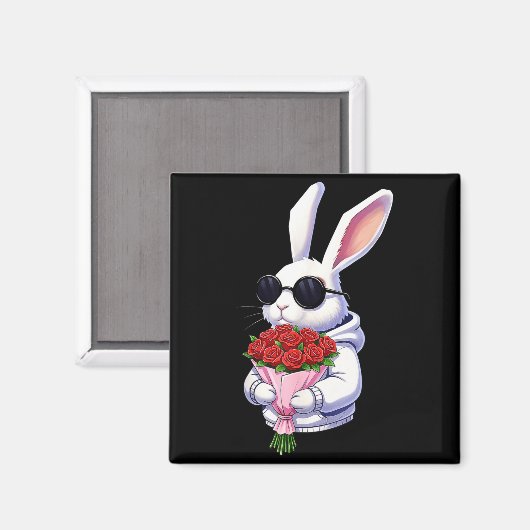 Bunny Hugging Valentine Flower Bunny  マグネット (正面/裏面)