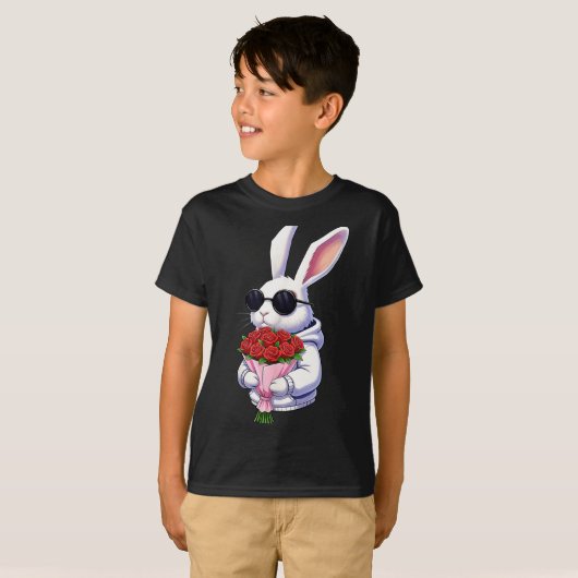 Bunny Hugging Valentine Flower Bunny  Tシャツ (正面フル)