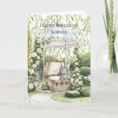 Bunny in Chest Green Leaves Floral Birthday カード (正面)