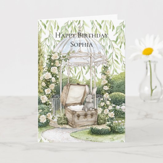 Bunny in Chest Green Leaves Floral Birthday カード (小さな植物)