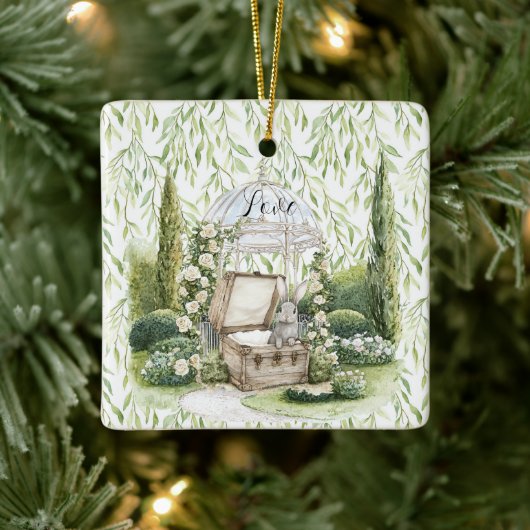 Bunny in Chest Green Leaves Floral Christmas セラミックオーナメント (ツリー)