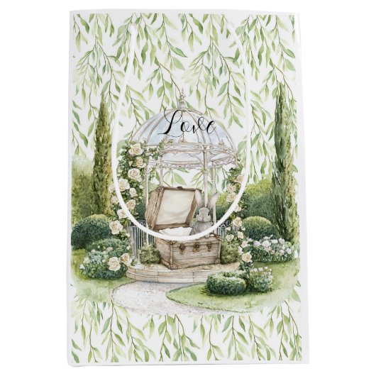 Bunny in Chest Green Leaves Floral Christmas ミディアムペーパーバッグ (正面)