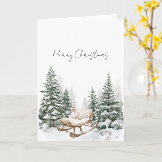 Bunny on Sleigh Snow Christmas Pine Trees カード (黄色い花)