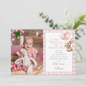 Bunny Pink Balloons Photo 1st Birthday Party サンキューカード (スタンド正面)