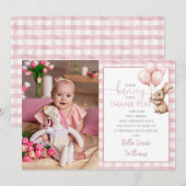 Bunny Pink Balloons Photo 1st Birthday Party サンキューカード (正面/裏面)