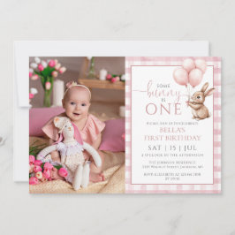 Bunny Pink Balloons Photo 1st Birthday Party 招待状