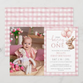 Bunny Pink Balloons Photo 1st Birthday Party 招待状 (正面/裏面)