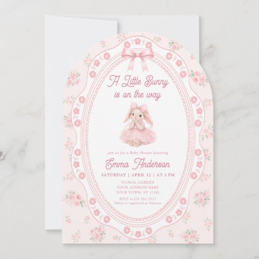 Bunny Pink Bow Floral Baby Shower Invitation 招待状 (正面)