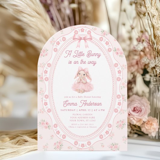Bunny Pink Bow Floral Baby Shower Invitation 招待状