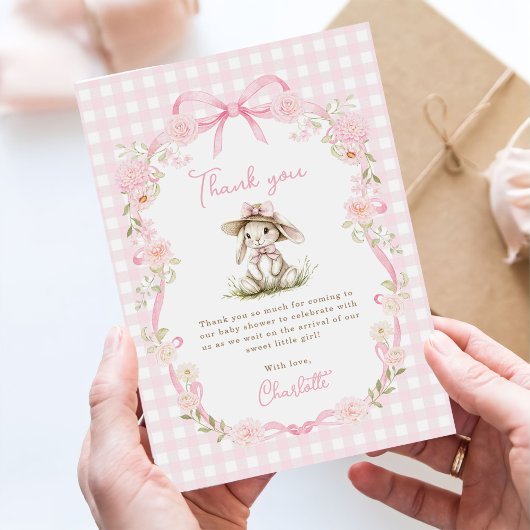 Bunny Pink Bow Gingham Baby Shower サンキューカード