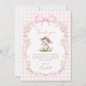 Bunny Pink Bow Gingham Baby Shower サンキューカード (正面)
