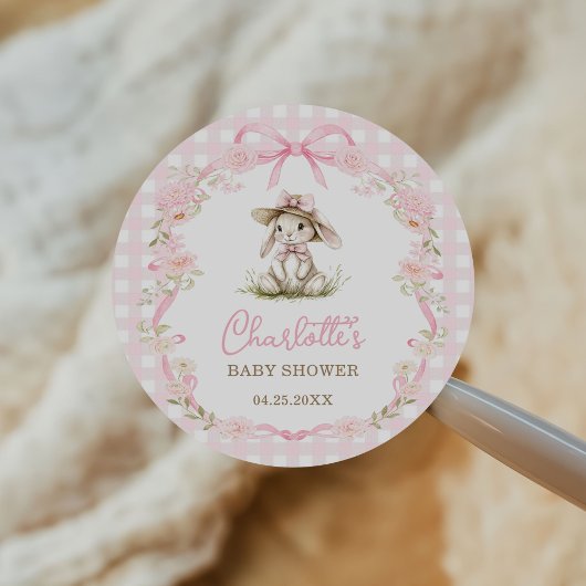 Bunny Pink Bow Gingham Baby Shower ラウンドシール