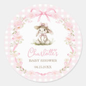Bunny Pink Bow Gingham Baby Shower ラウンドシール (正面)
