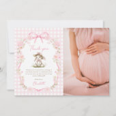 Bunny Pink Bow Gingham Baby Shower Photo サンキューカード (正面)