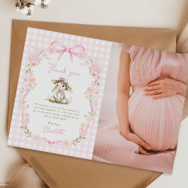 Bunny Pink Bow Gingham Baby Shower Photo サンキューカード