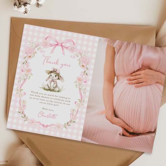 Bunny Pink Bow Gingham Baby Shower Photo サンキューカード